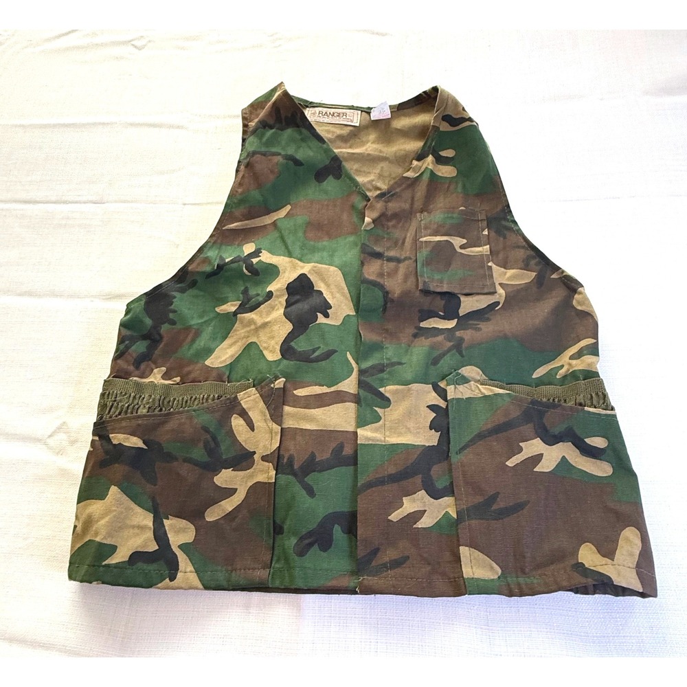 Vintage 90s Ranger Camo Utility‎ Vest Made in USA Woodland Workwear